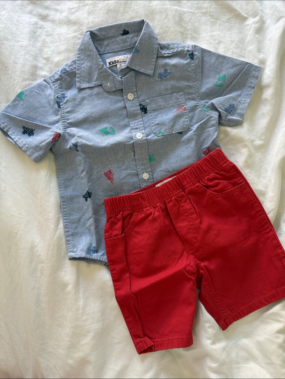 Kids Headquarters Blue Printed Short-Sleeve Shirt & Red Shorts Matching Set